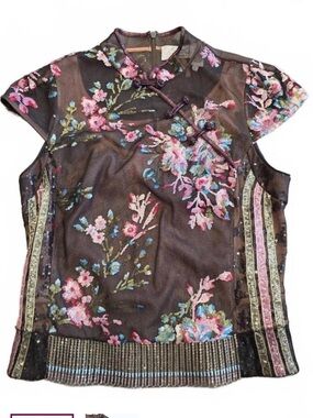 Byron Lars Black Sheer Floral Embroidered Cap-Sleeve Top